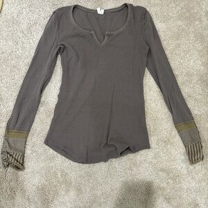 We The Free Gray Long Sleeve Blouse with Striped Cuffs